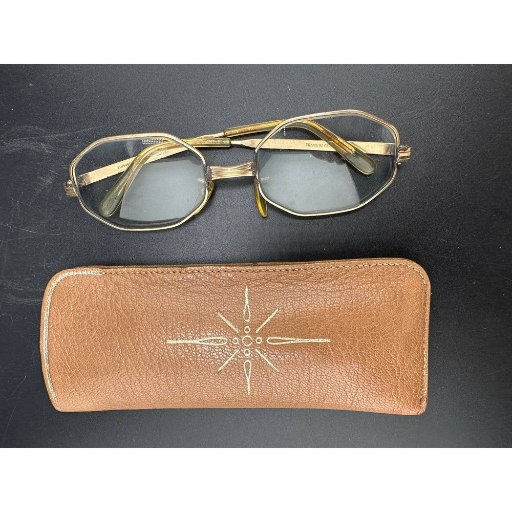 Vintage 12K Gold Filled Octagon‎ Eyeglasses West Germany Leather Case 051 (41)
